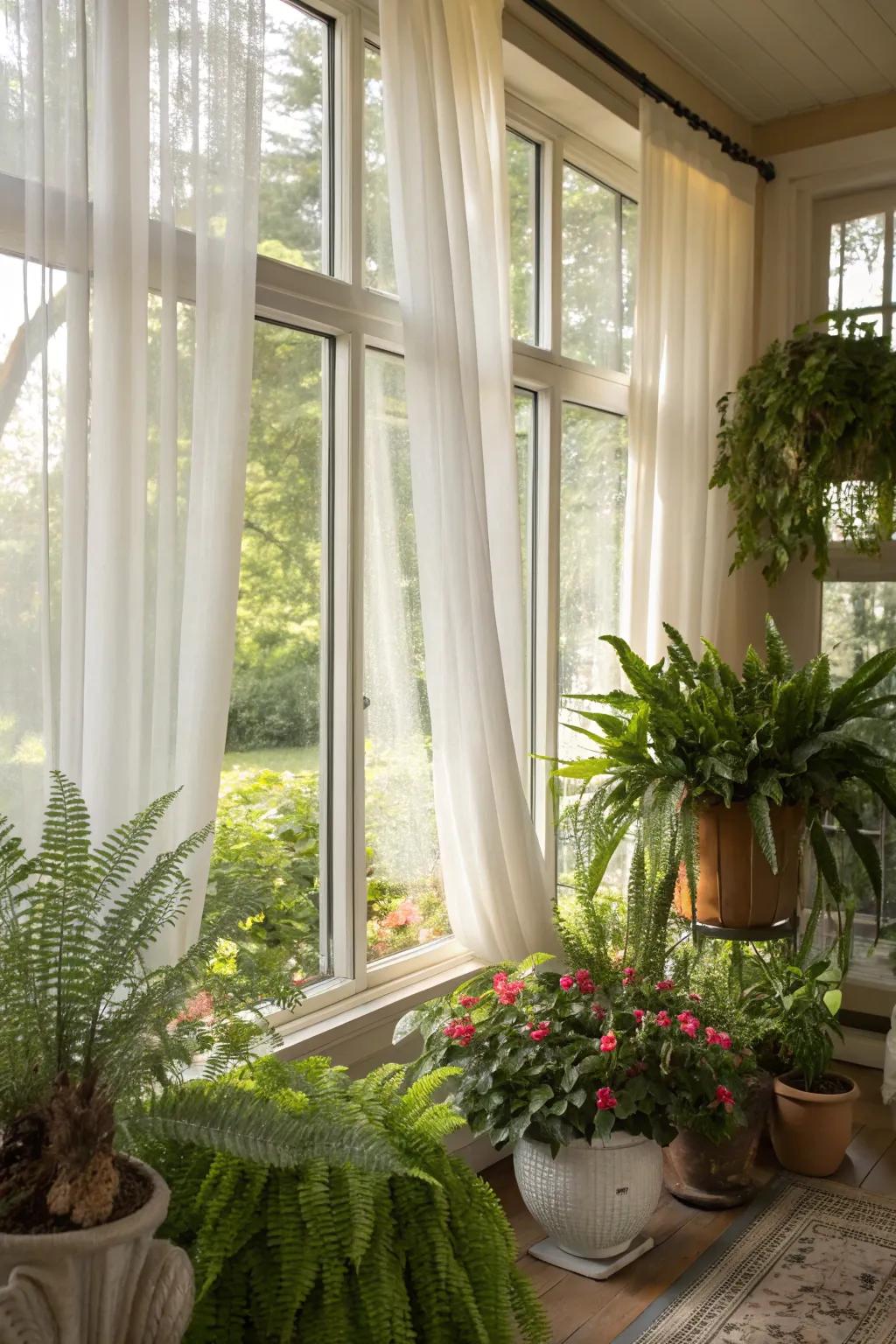 Plants complement sheer curtains in this refreshing sunroom.