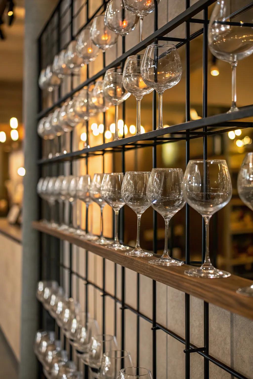 A wall grid showcasing wine glasses as art.