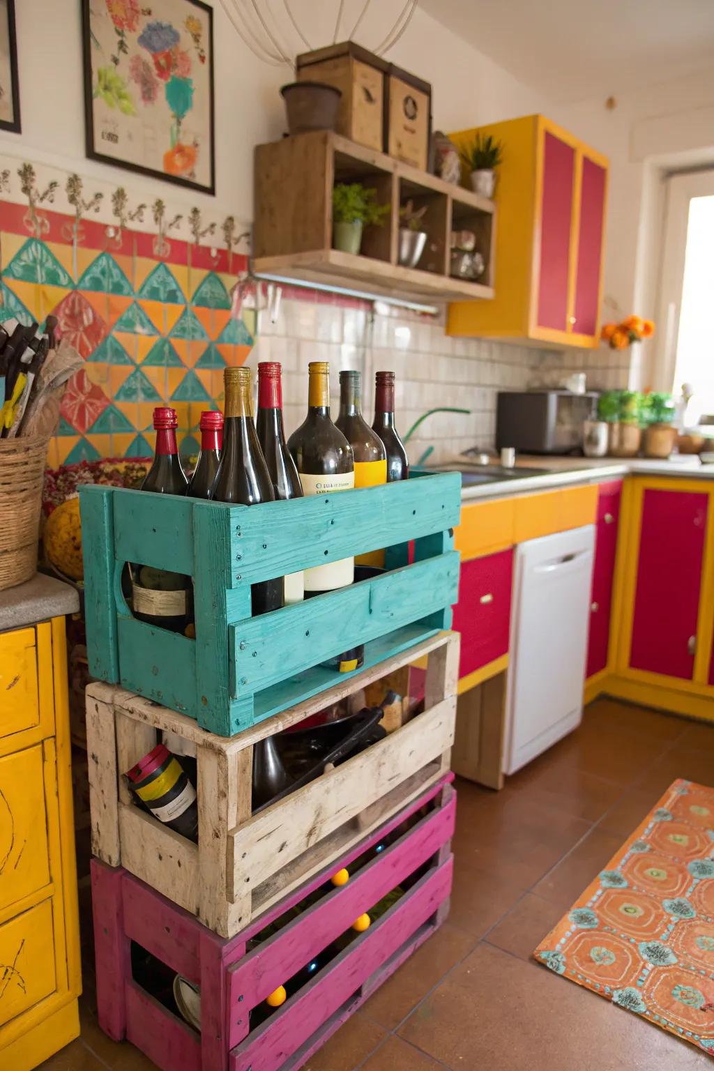 Colorful containers creating a playful wine rack display.