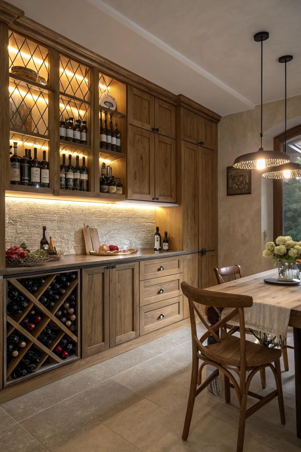 Ambient lighting enhances the allure of wine storage.