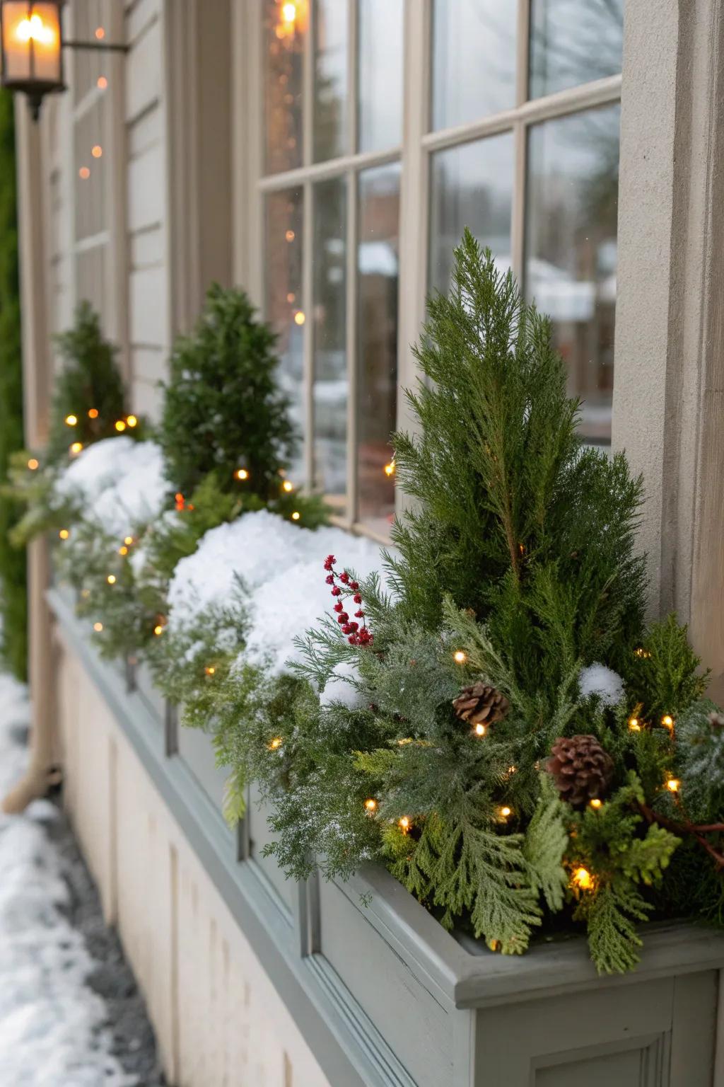 Simulated snow imparts a magical, snow-laden appearance to this window box.