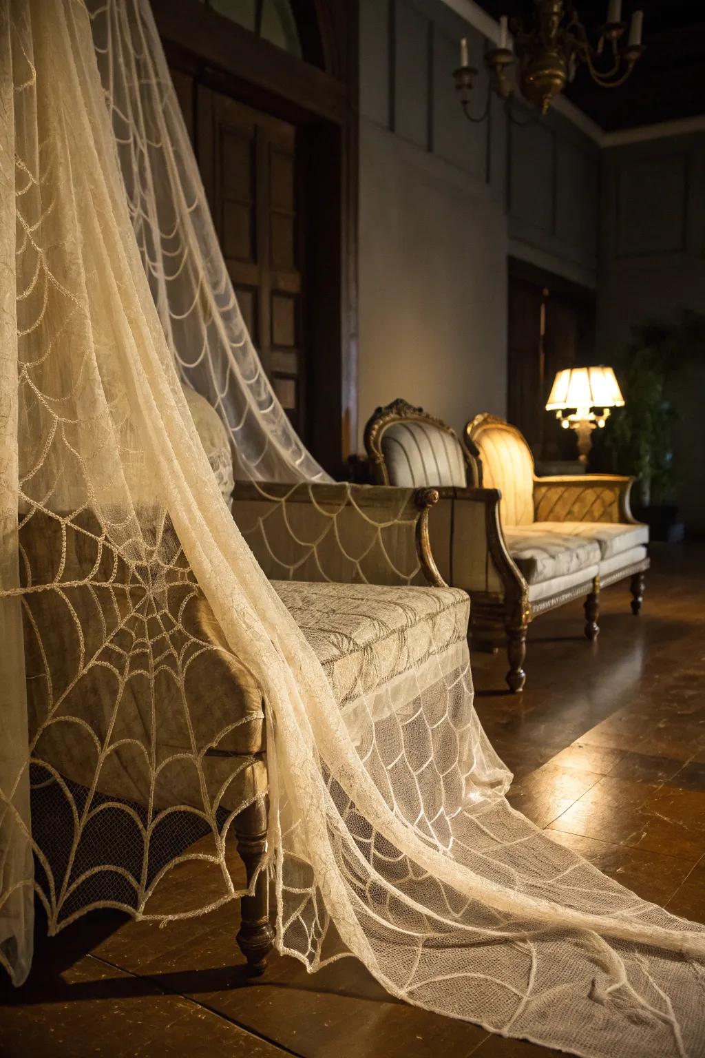 Gossamer textures contribute an aged, spooky look.