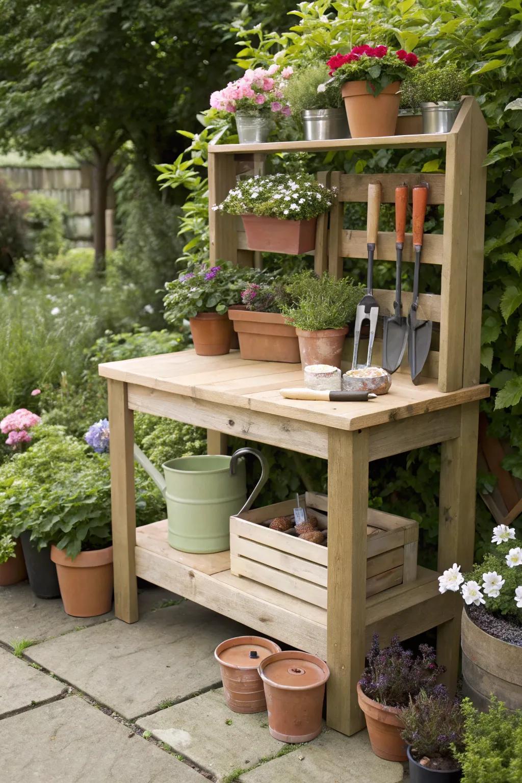 Stay organized using a practical timber potting bench.