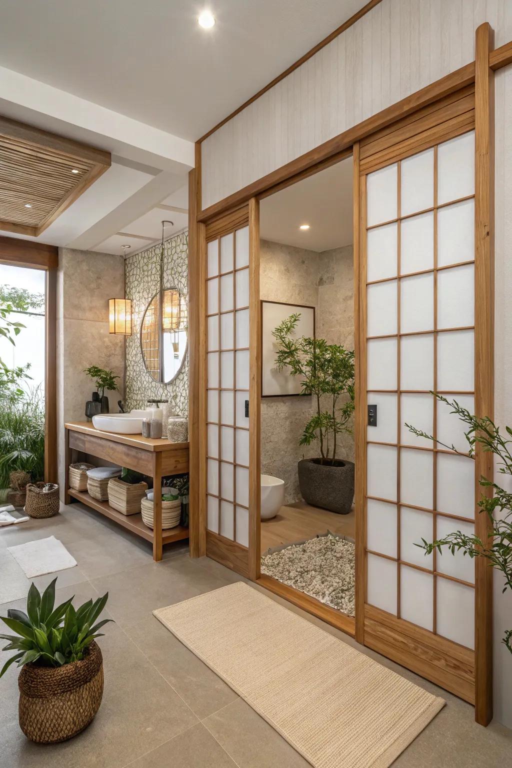 Shoji-style wooden doors offer a serene and balanced bathroom design.