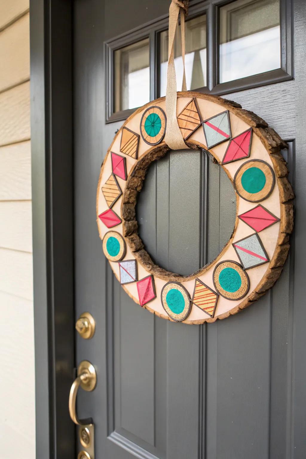 Modern shape wood circle wreath for sleek style.
