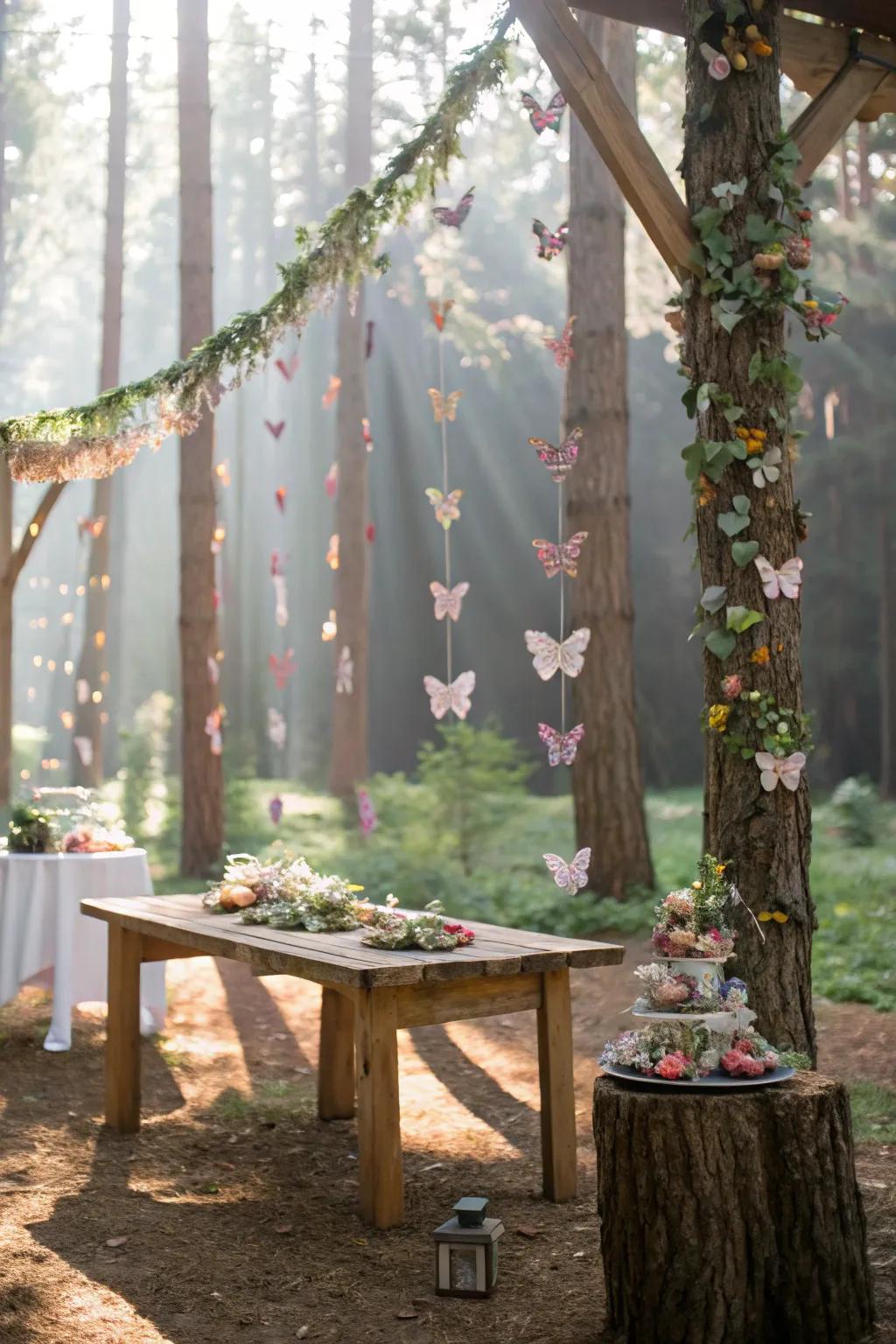 Butterfly garlands add a whimsical touch to the decor.