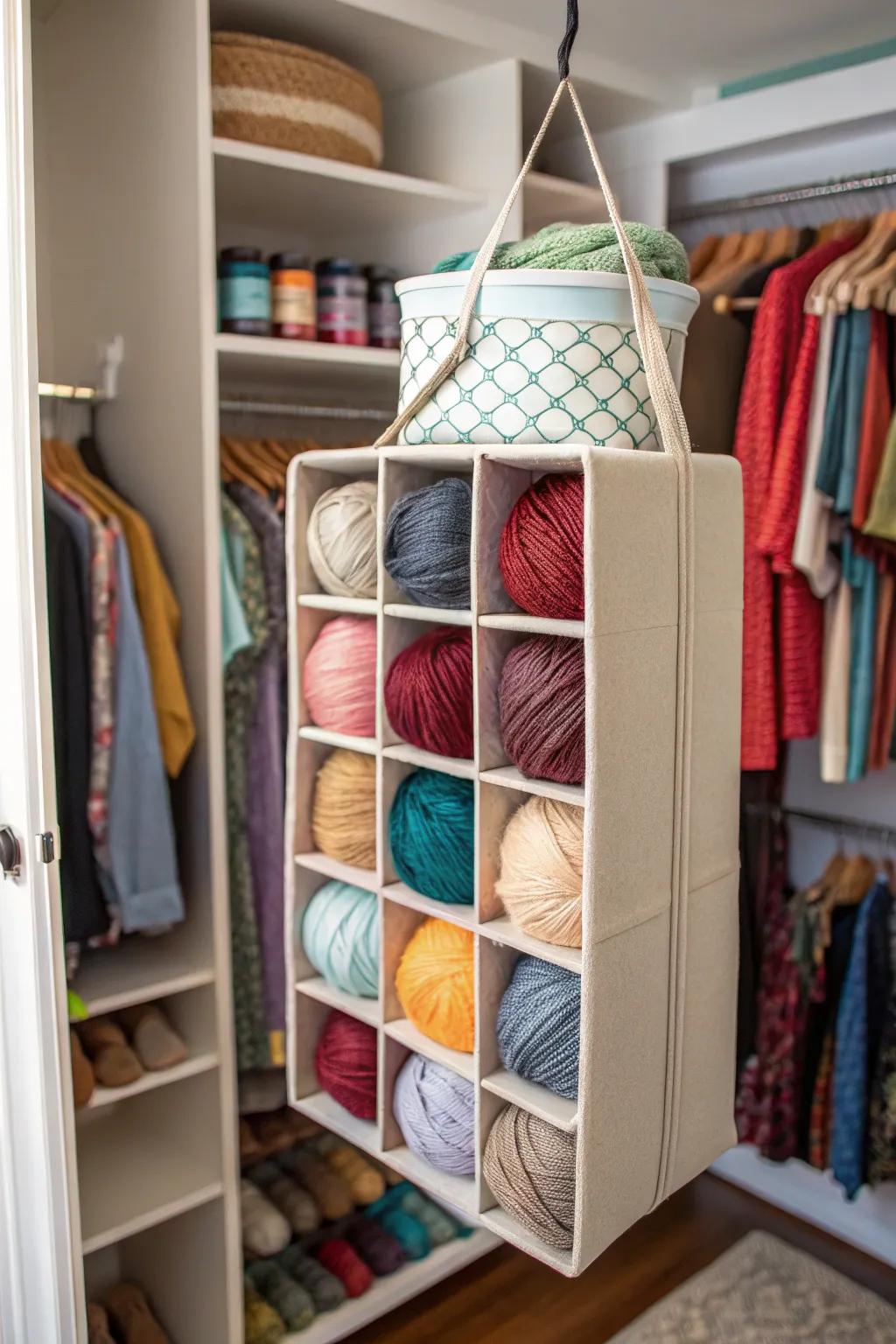 A cupboard hanging section stores yarn out of sight but within reach.