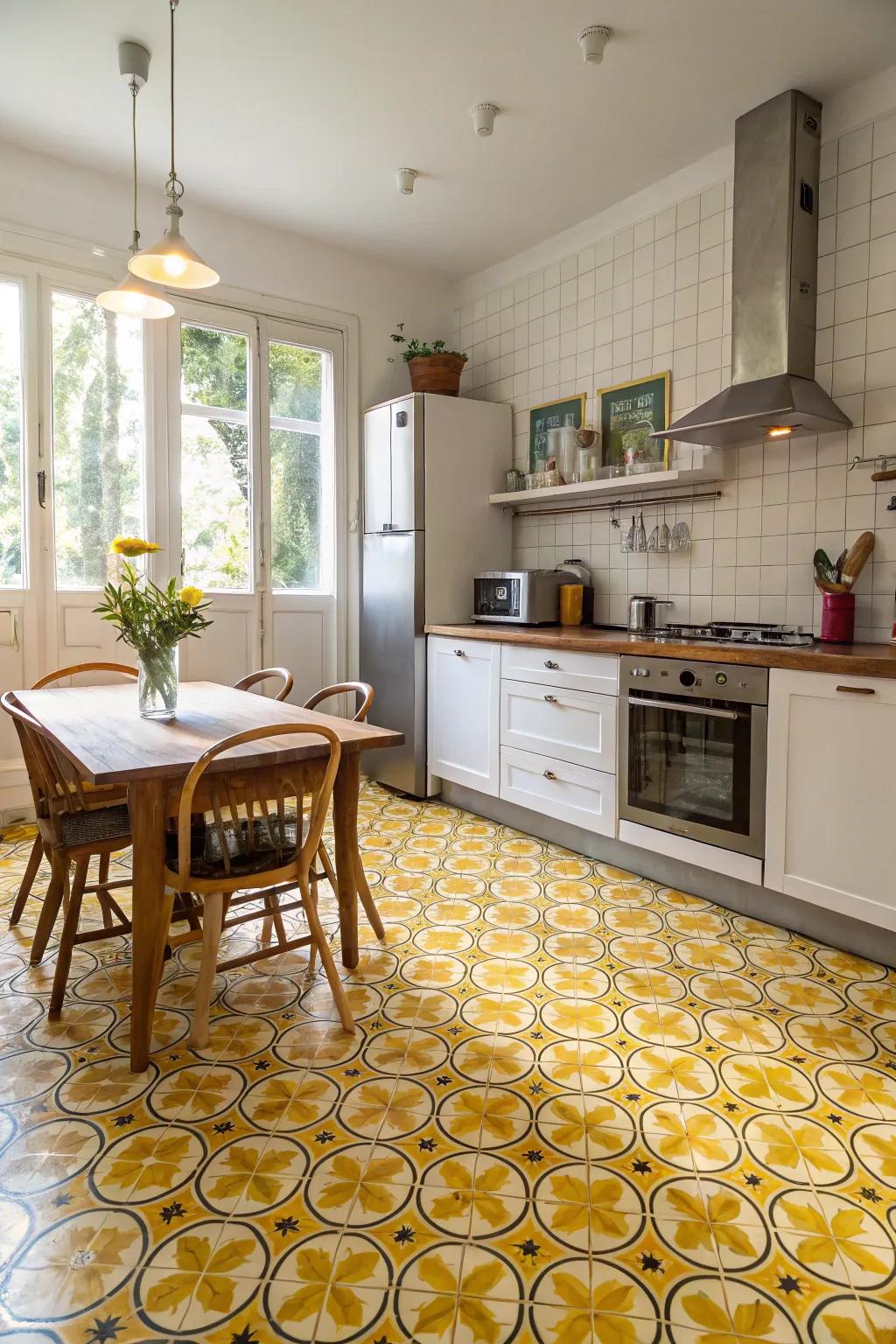 Yellow patterned tiles introduce an unexpected twist to the kitchen floor.