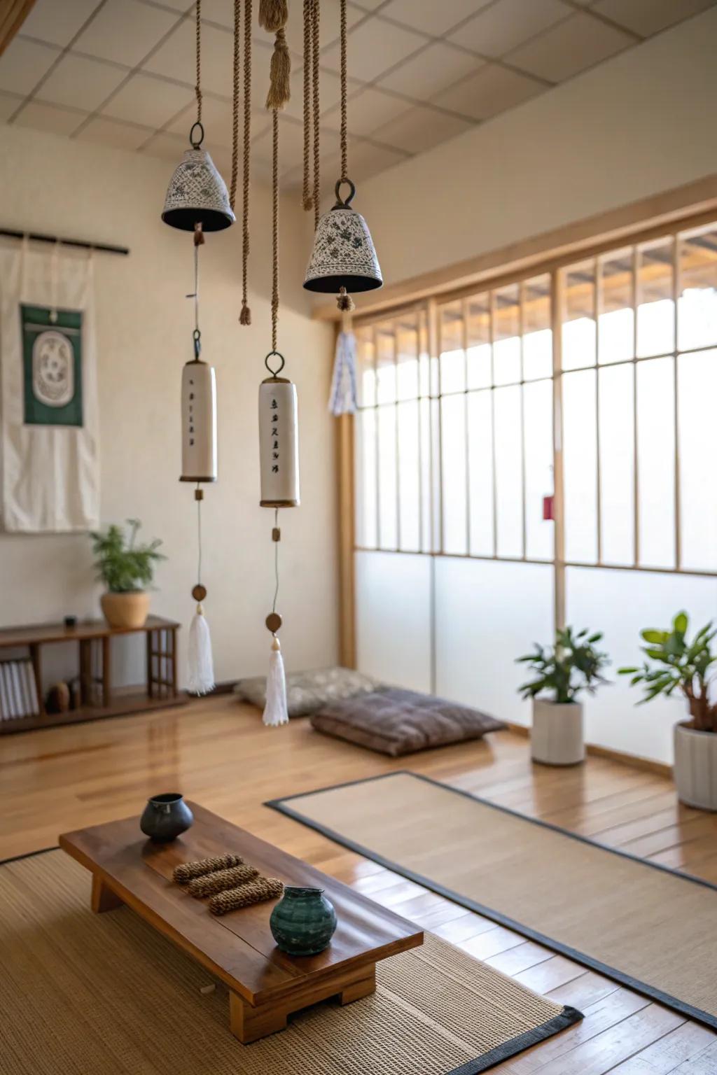 Interactive items like wind chimes add dynamic energy.