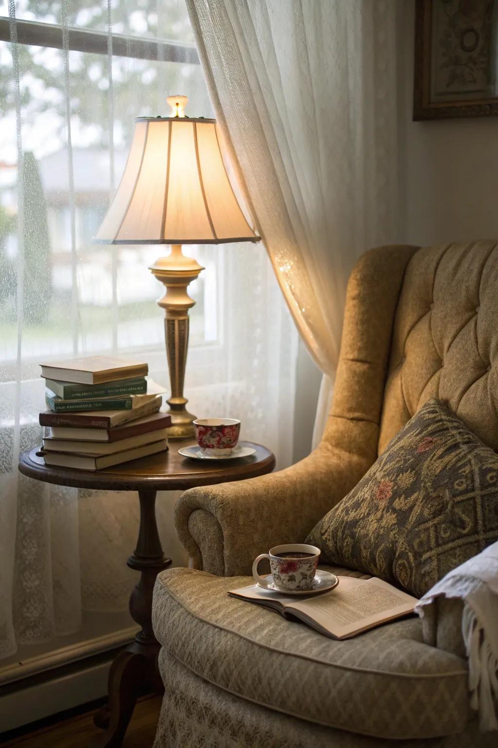 A reading corner provides a cozy locale for quiet reflection.