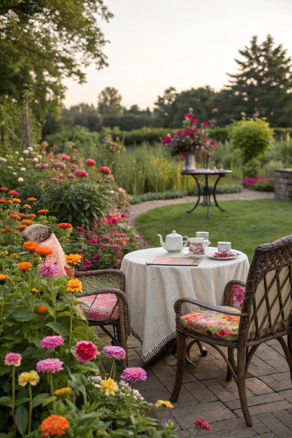 A serene tea garden encompassed by vibrant zinnias.