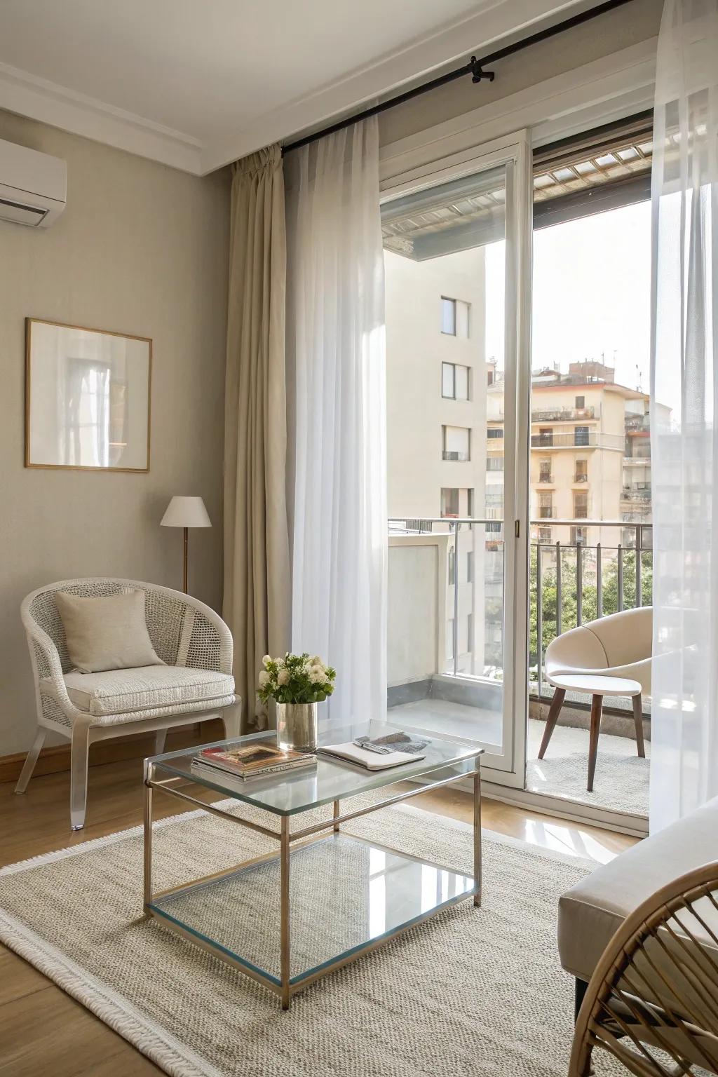 Transparent furniture maintains an open and airy atmosphere.