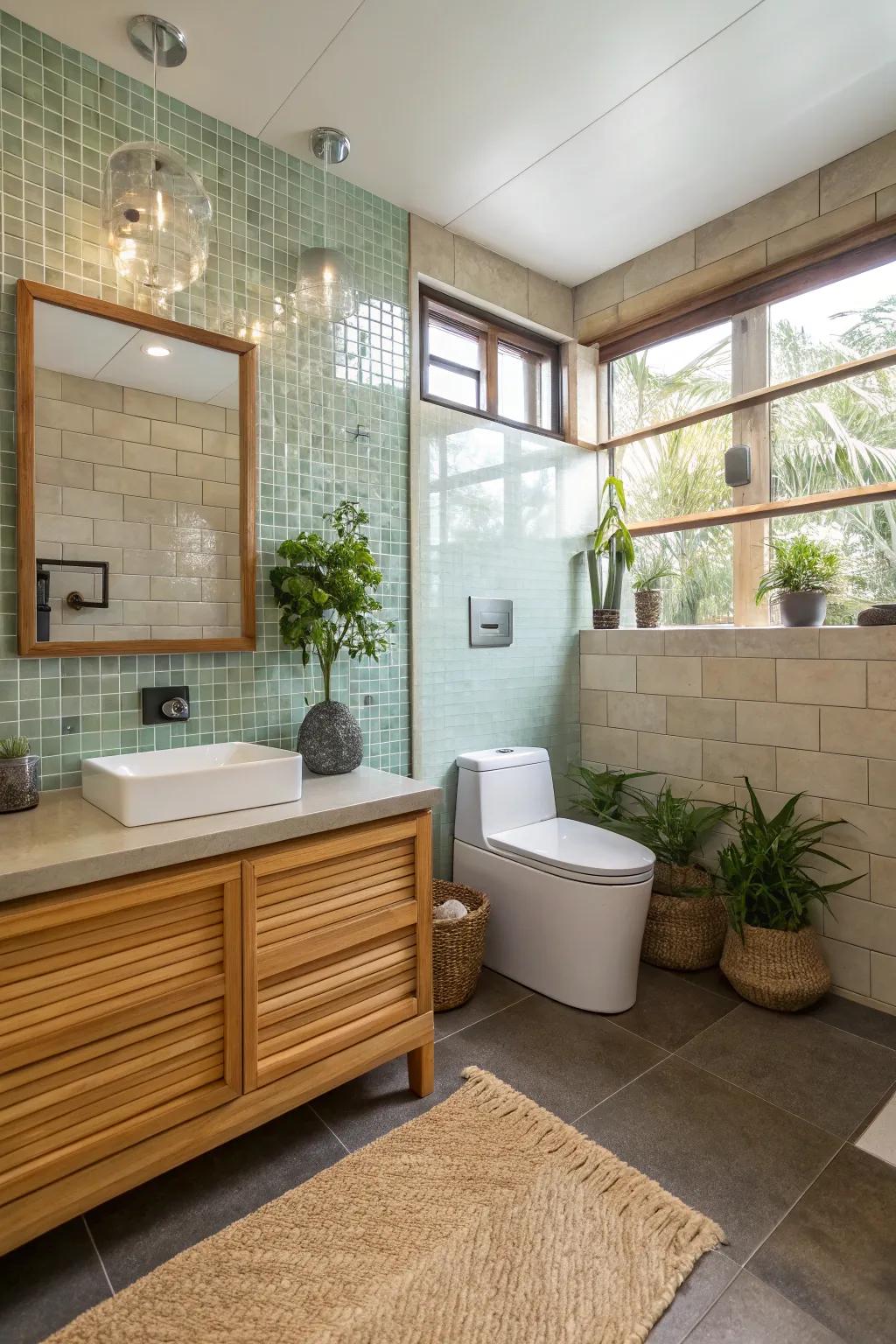Green materials enrich the sustainability of this powder room.