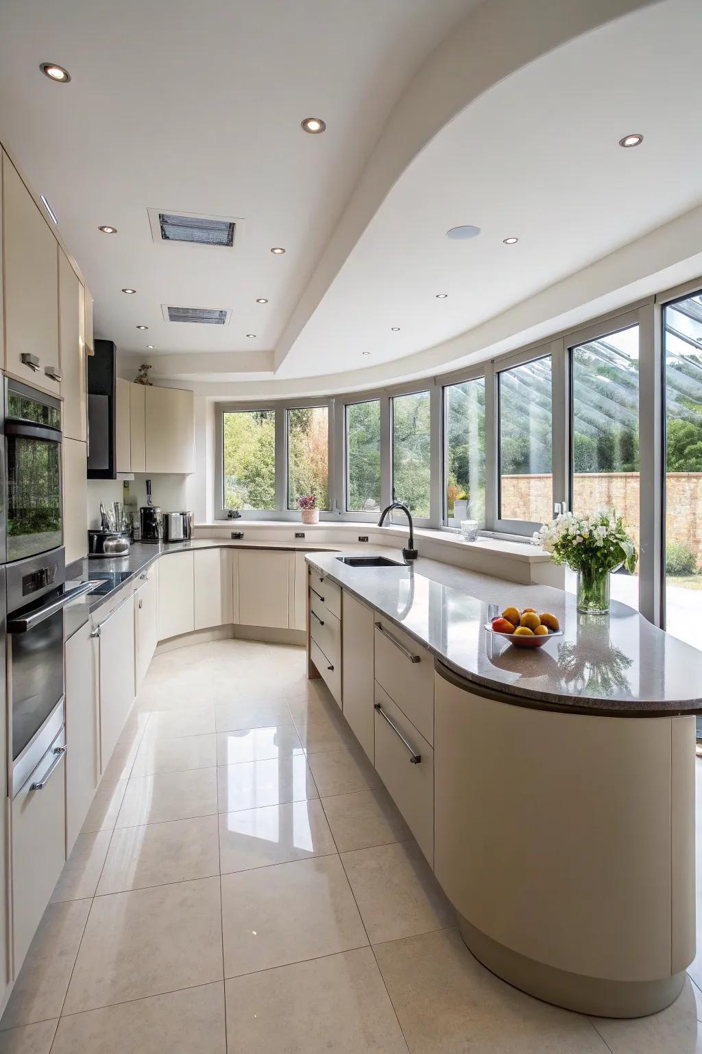 Curved countertops add elegance and enhance the flow of your kitchen.