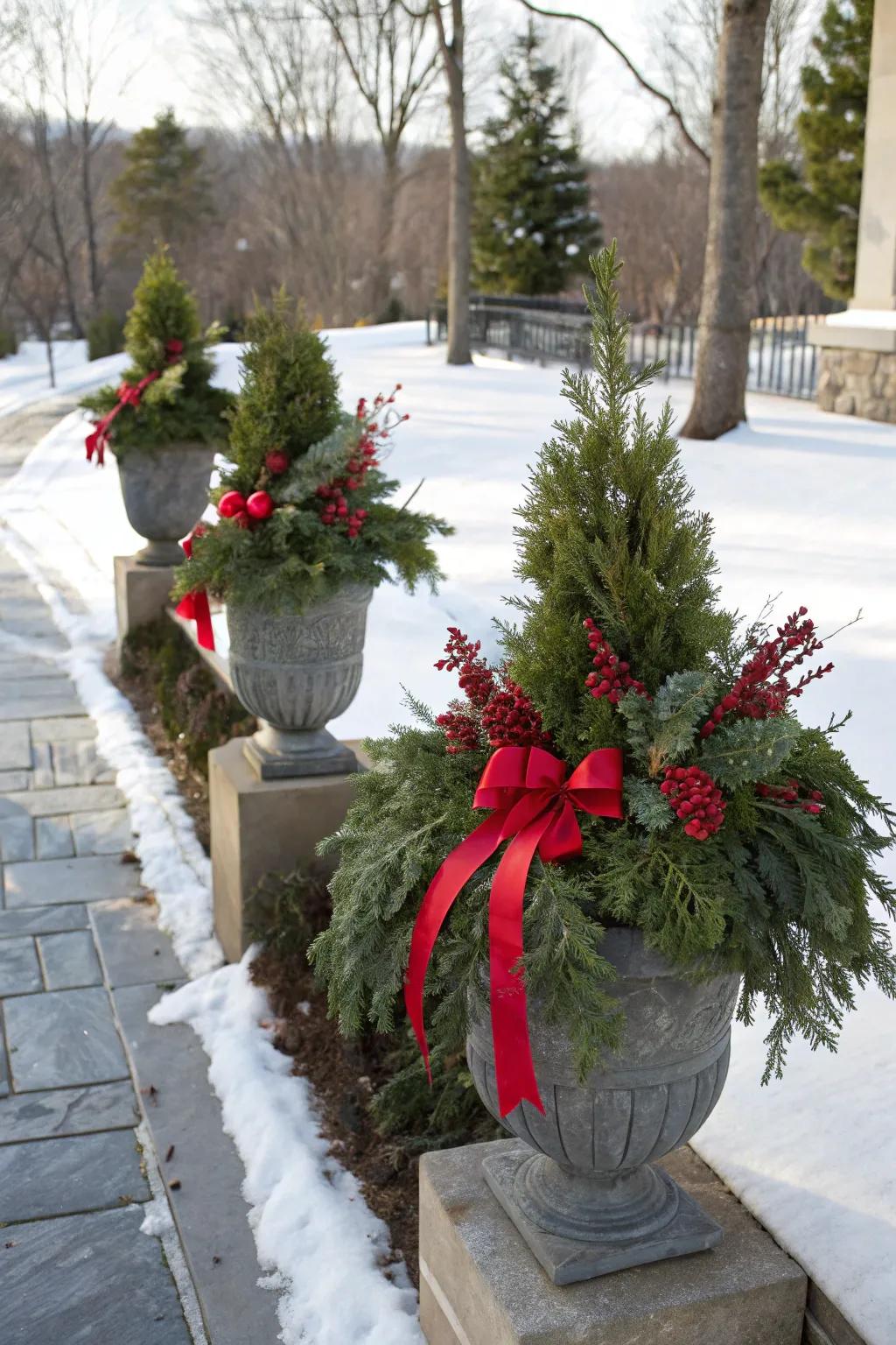 Inventive planters welcome visitors with holiday cheer.