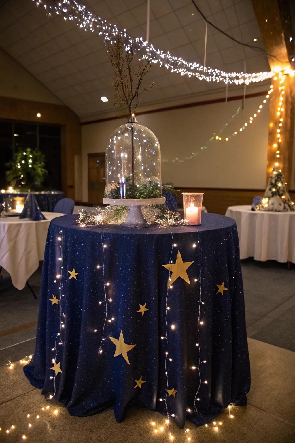 Celestial arrangements that transport guests to a magical starlit sky.