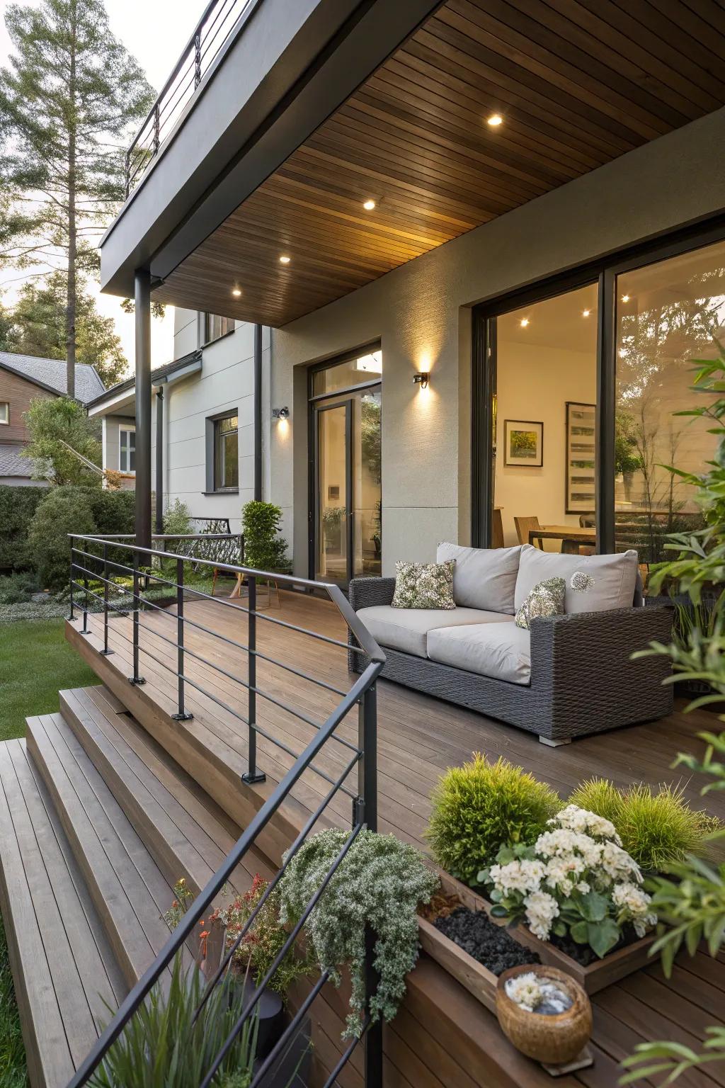 Mixing textures adds depth to a modern porch design.
