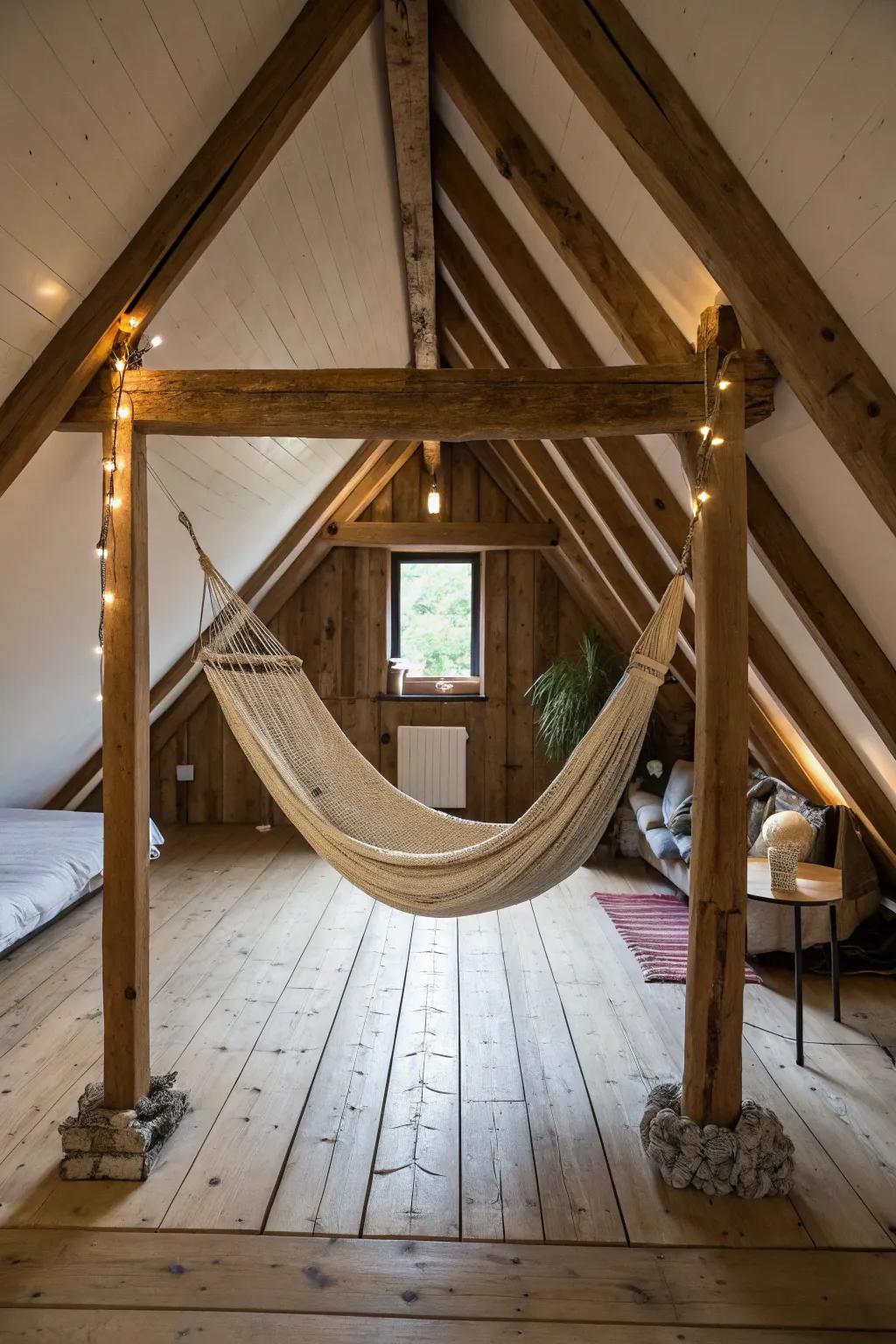 A hammock lounge conjures a singular and playful reposing spot within your attic.