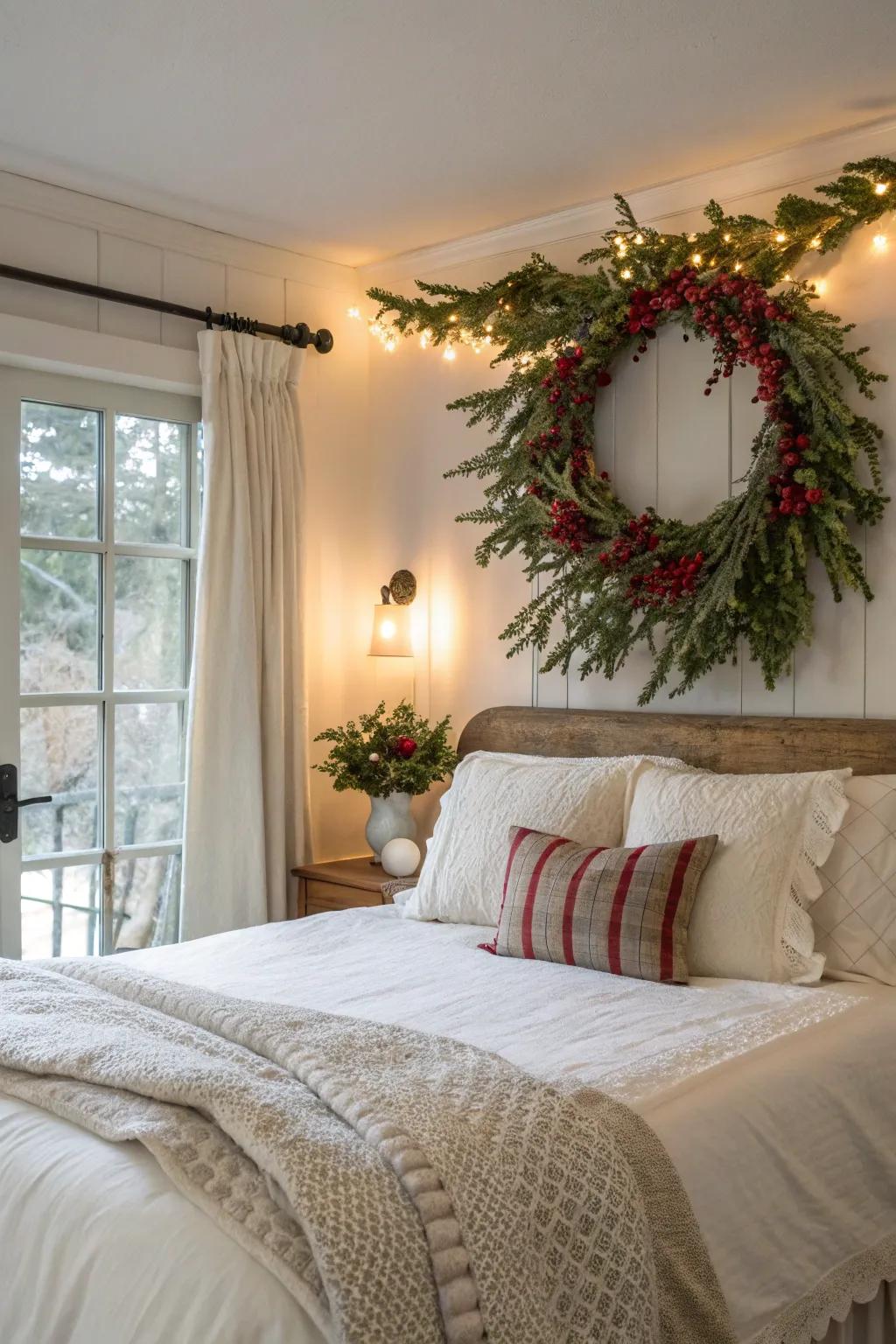 Seasonal wreaths keep the decor fresh and inviting above the bed.