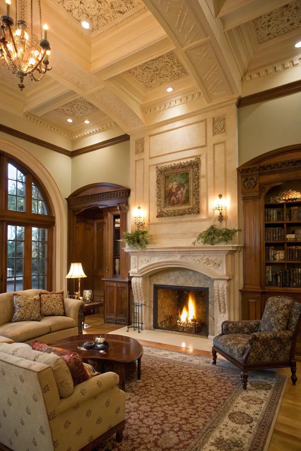 Architectural elements introduce depth and elegance above the fireplace.