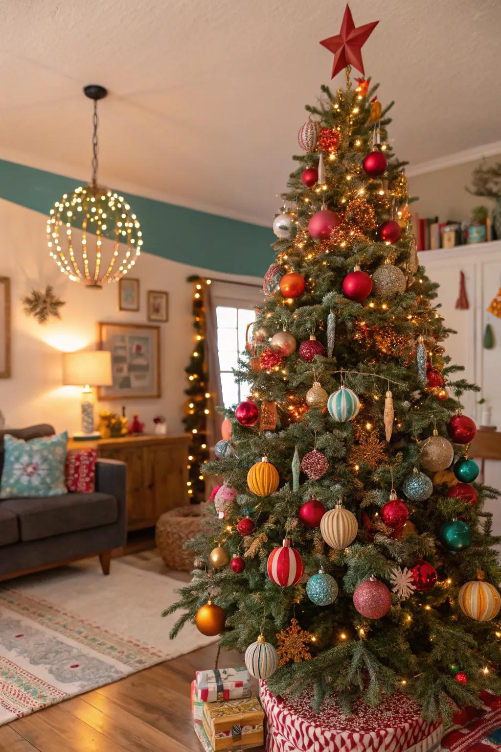 An eclectic Christmas tree displaying a distinctive blend of styles and colors.