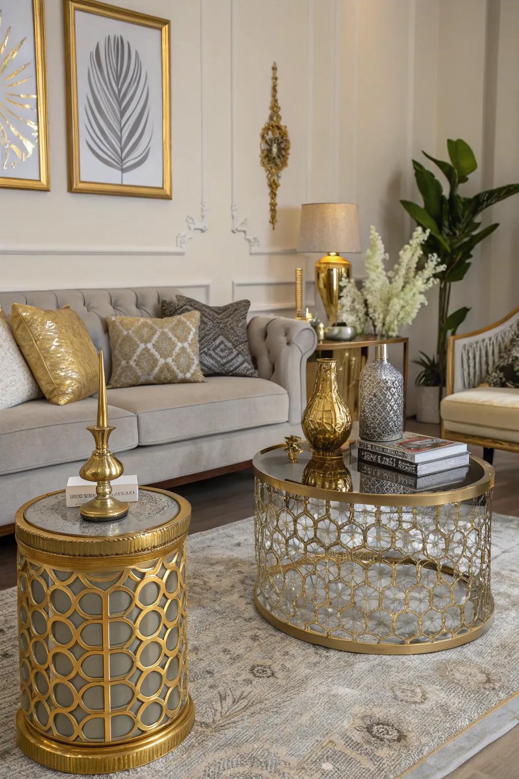 A glamorous living area enhanced with metallic accents.
