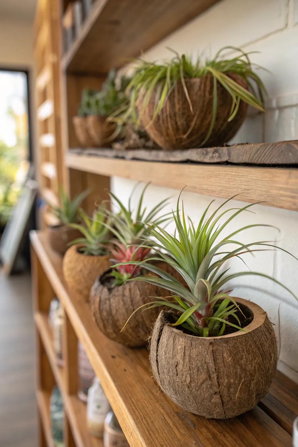 Coconut shells make up these eco-friendly air plant holders.