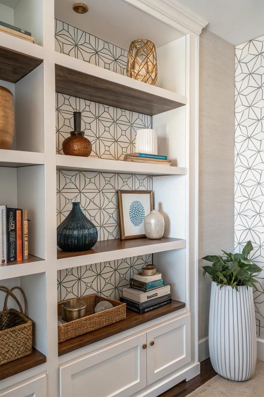 Render a statement featuring geometric shelving within your alcove.