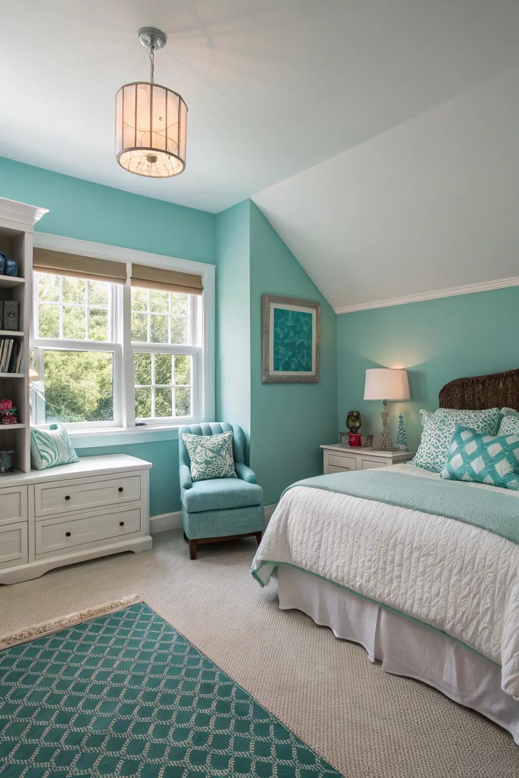Different ocean shades create distinct zones in the bedroom.