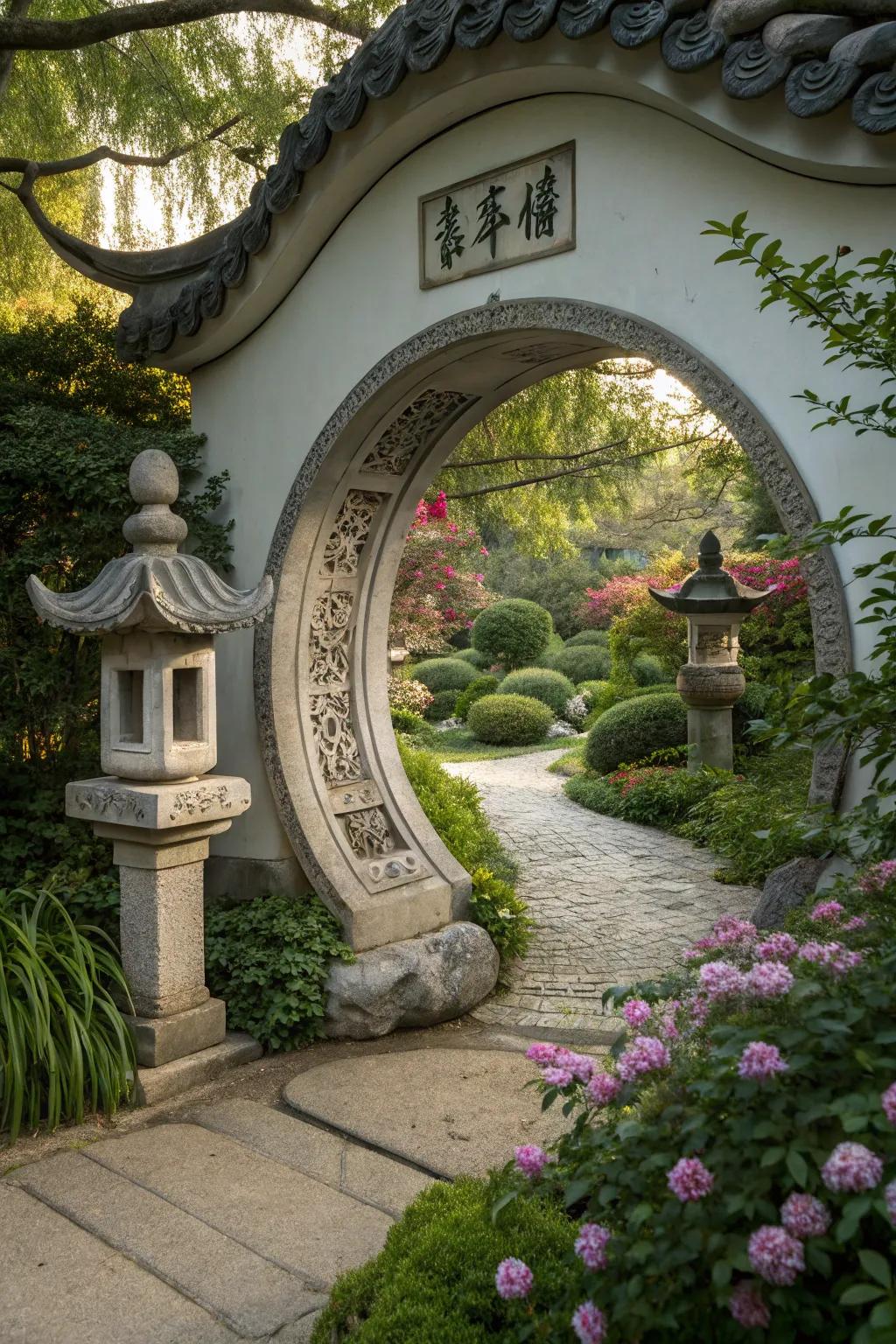 A Moon Gate arbor offers a harmonious and inviting garden entrance.