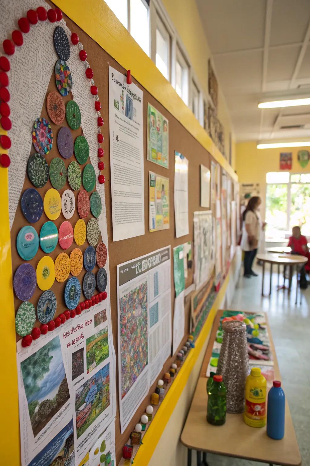 A bulletin board showcasing art made from recycled materials.