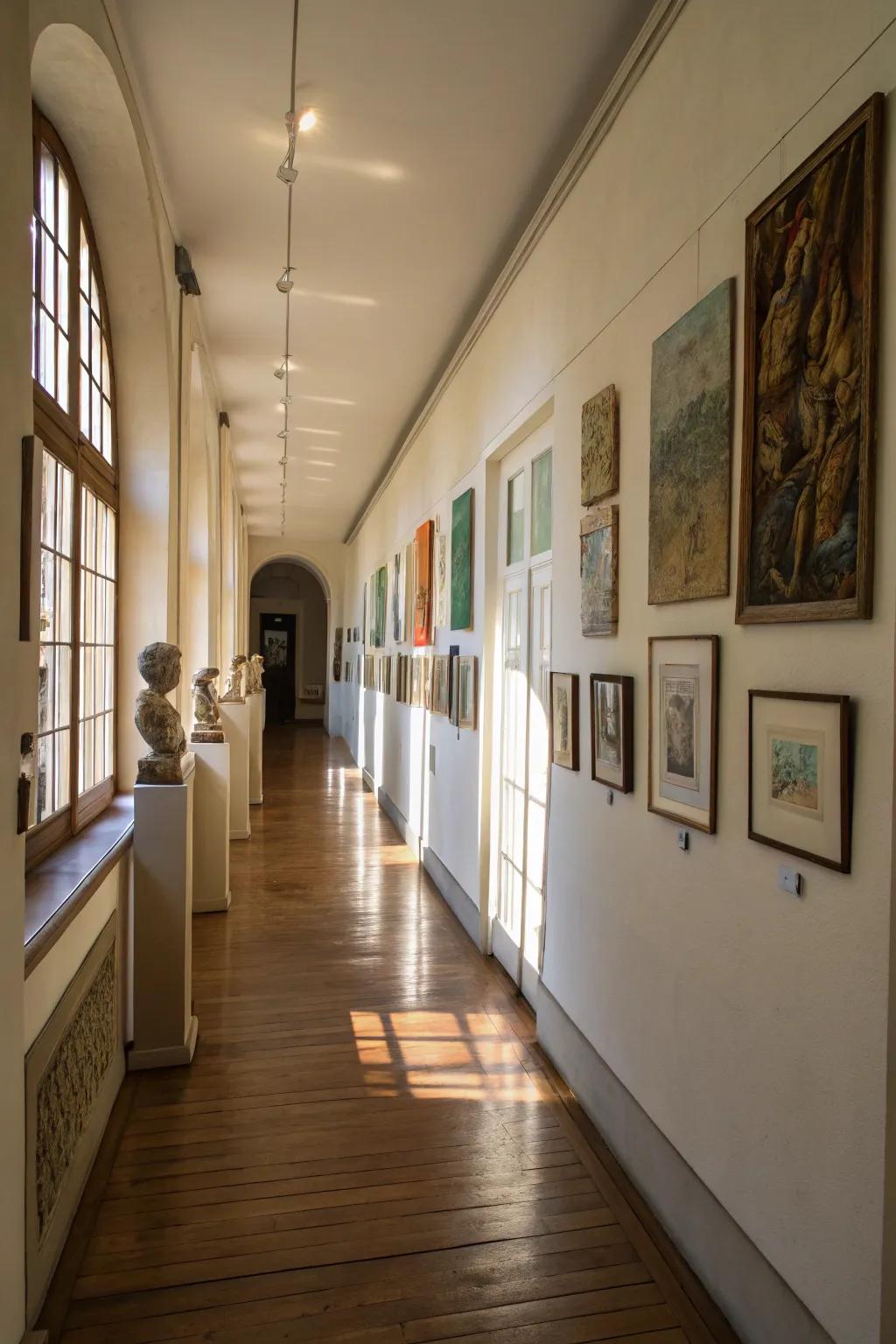A hallway gallery converts a transitional space into an artistic journey.