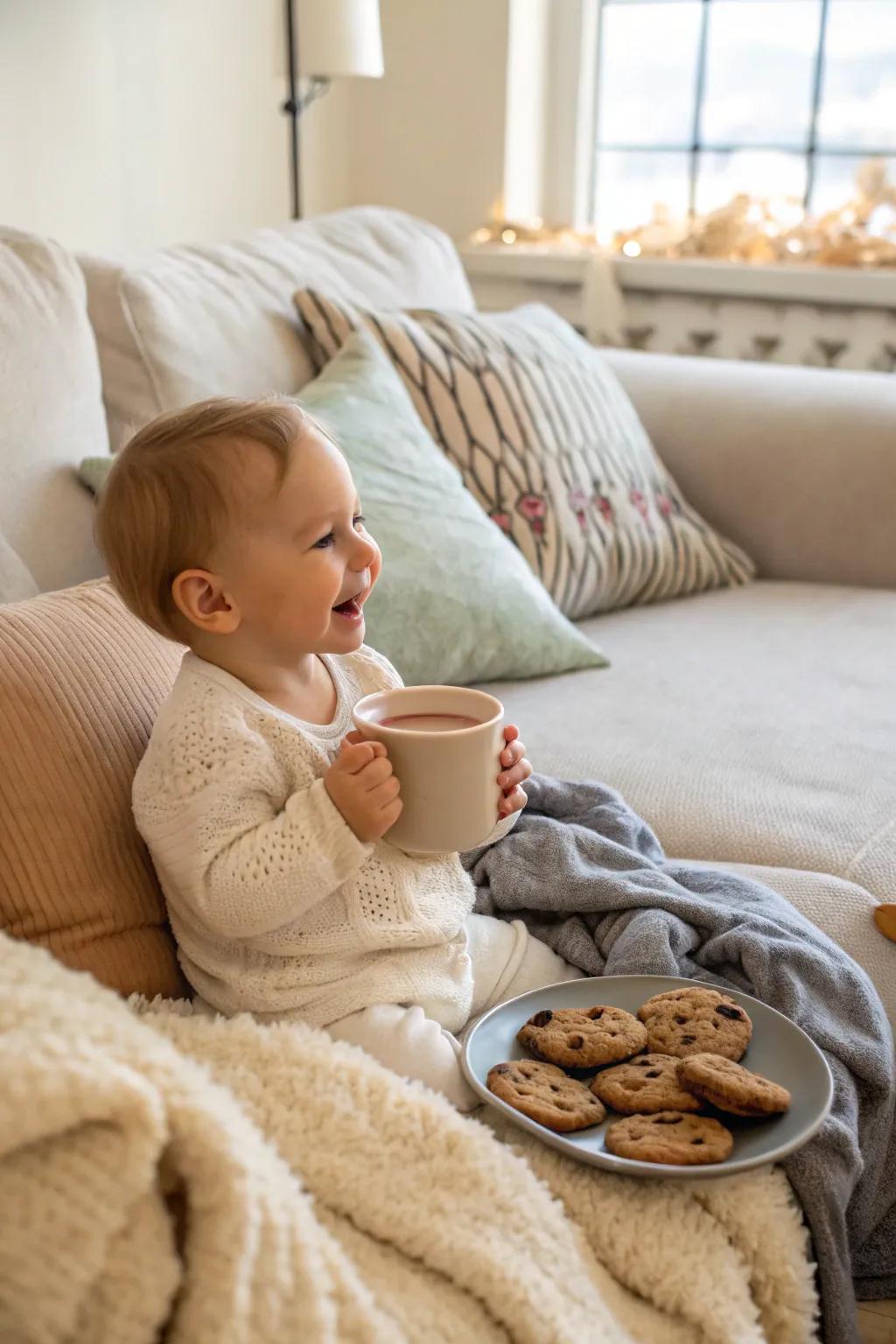 Warm cocoa and cookie moments in a festive setting.