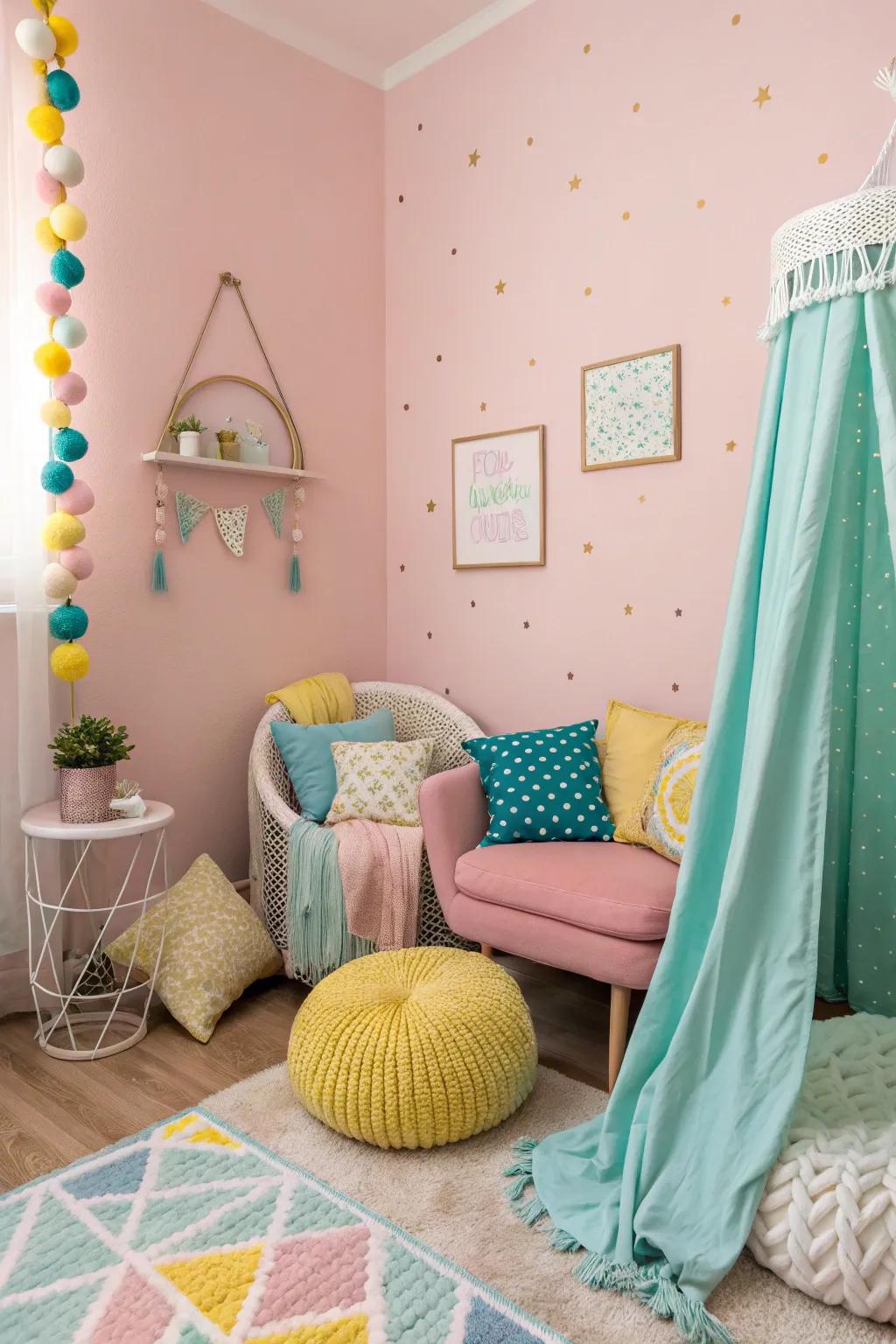 Pastel contrasts with light pink create a soft, dynamic palette.