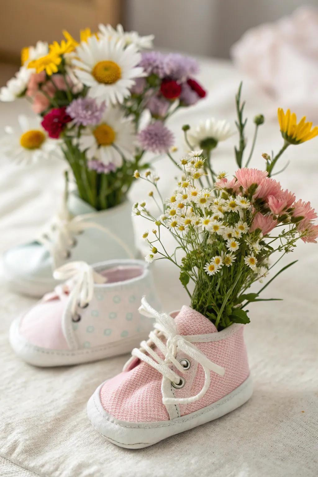 Baby booties repurposed as vases add a unique touch.