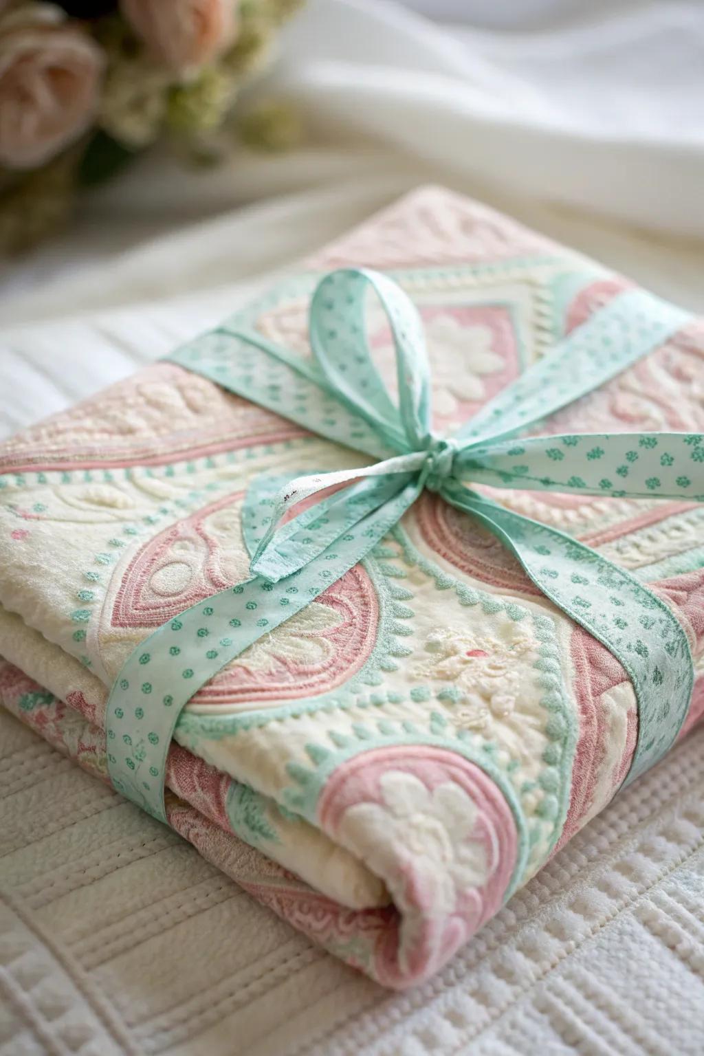 A nostalgic gift wrapped in an aged baby blanket, ideal for a meaningful gesture.