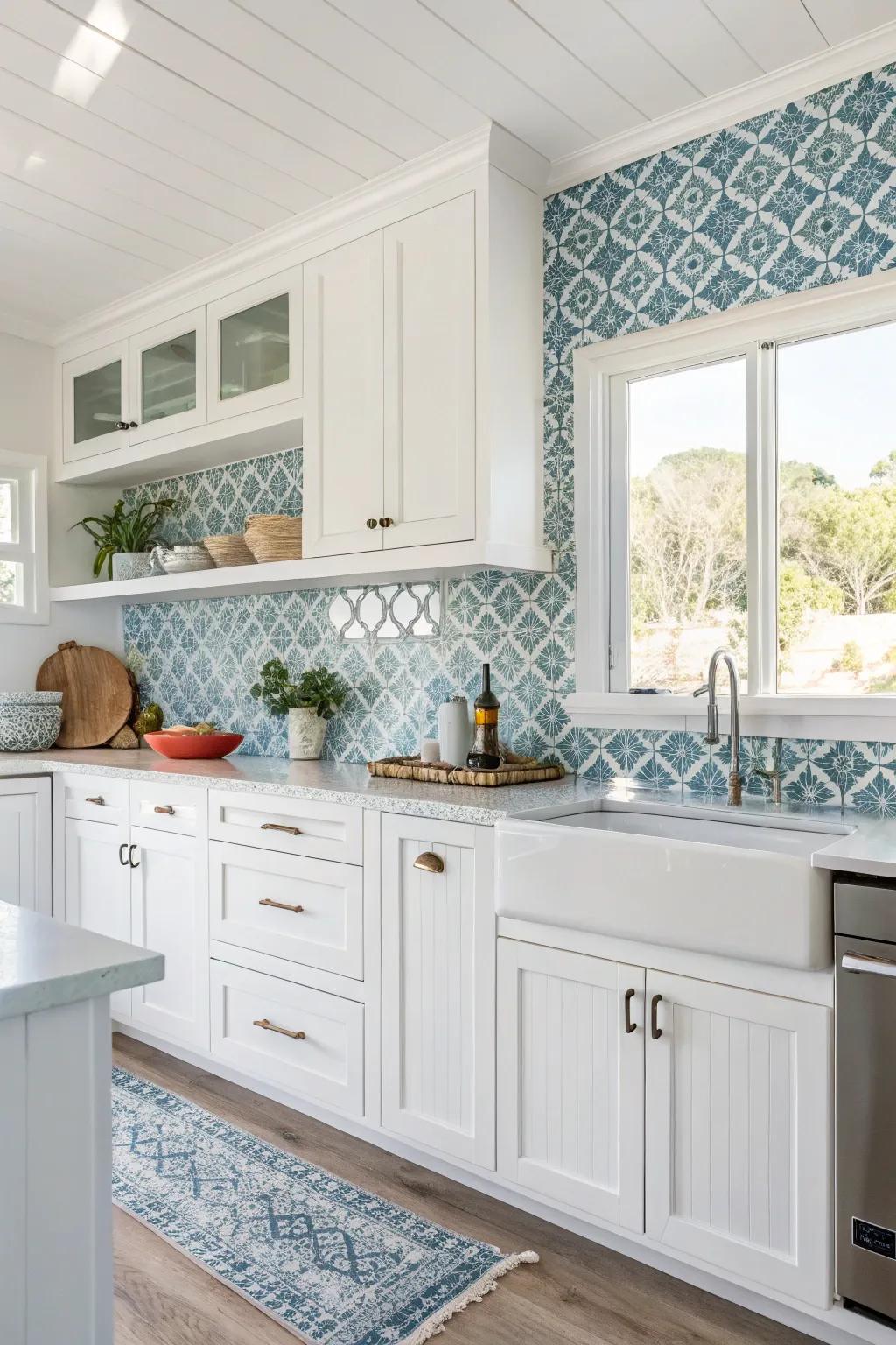 Coastal colors bring a beachside vibe to this white kitchen.