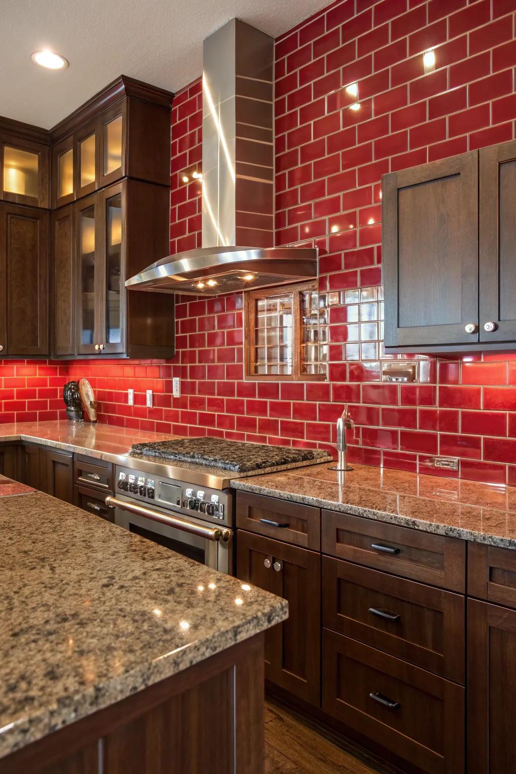 Bold red tiles create a striking accent with fantasy brown granite.