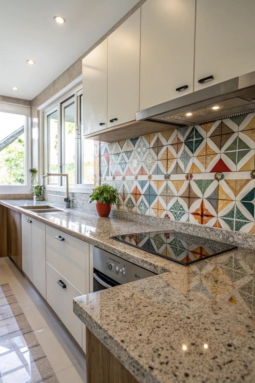 Granite countertops are given amusing designs by geometric tiles.