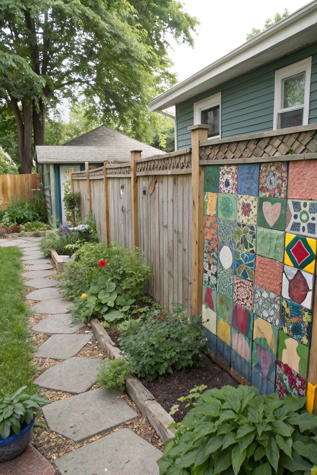 Mosaic tile art contributes a personalized accent to the garden.