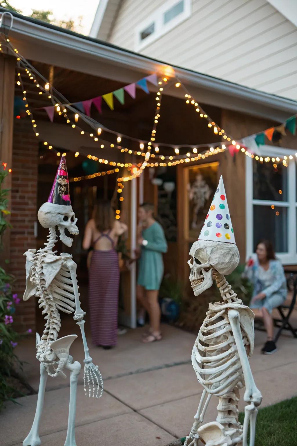 Skeleton greeters add a humorous and spooky welcome for your guests.