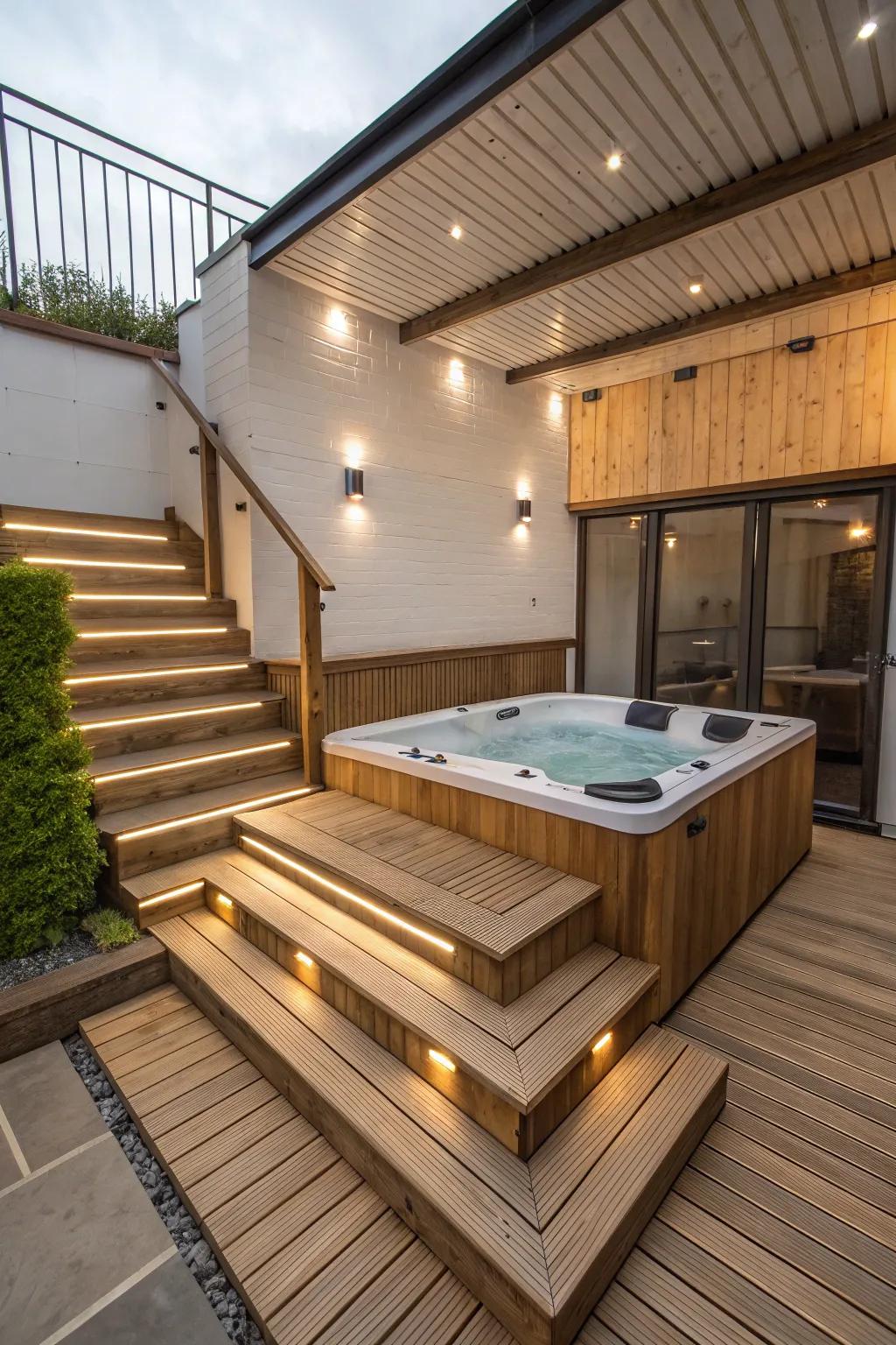 Varying heights infuse dimension and intrigue into your hot tub area.