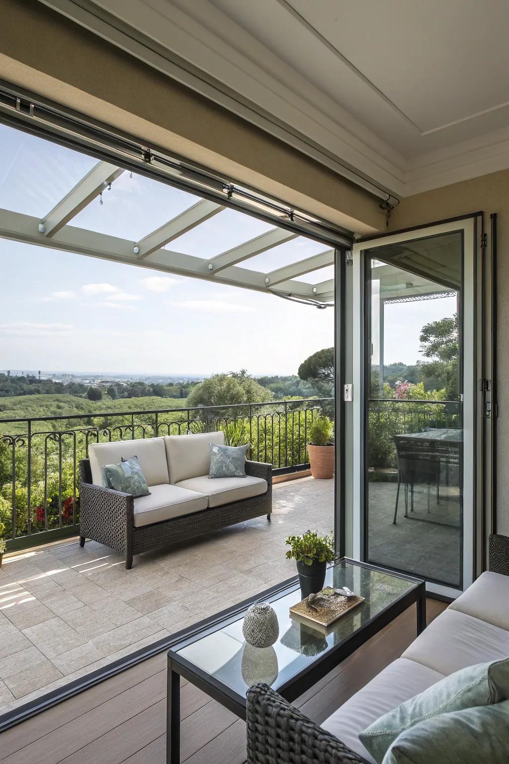 Retractable transparent panels offer versatility and open views.