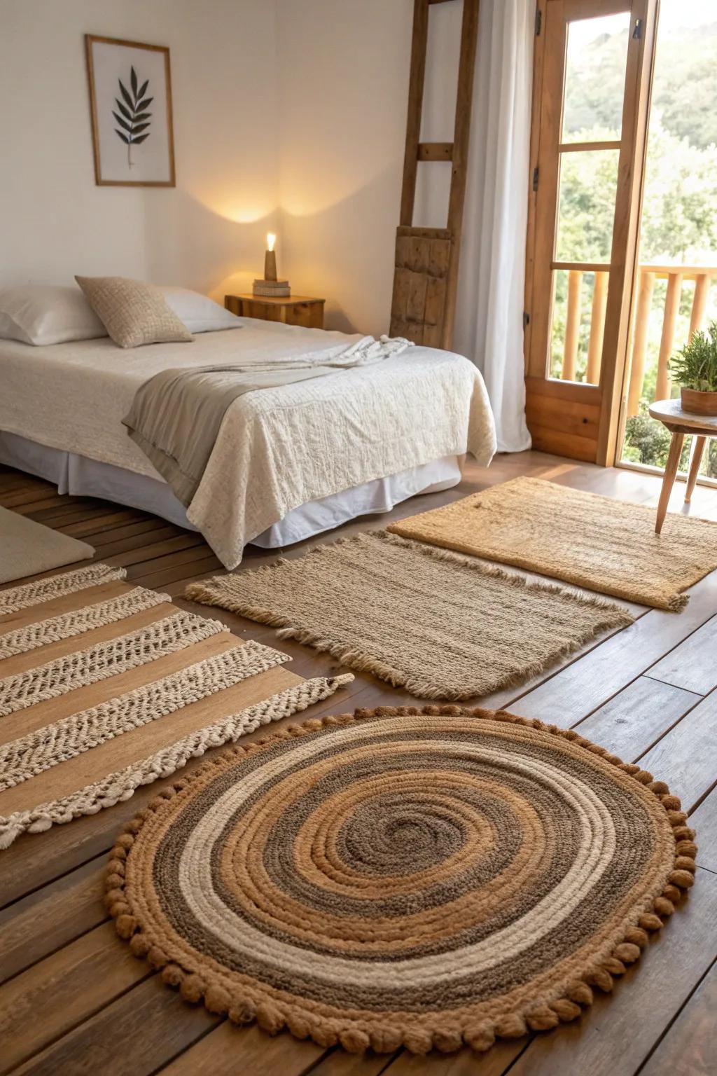 Layered ground coverings present warmth and texture.