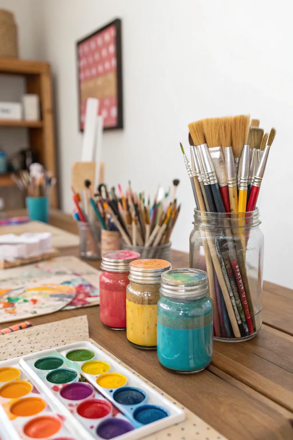 Artistic paint holders crafted from ball jars keep supplies organized.