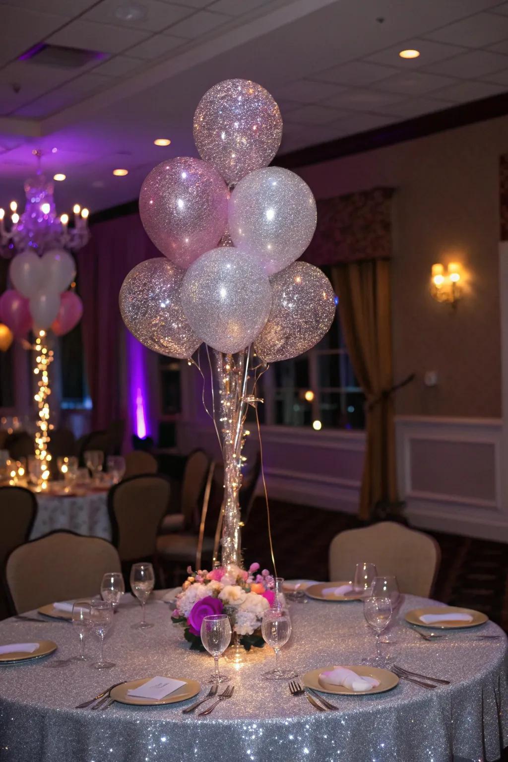 Glitter-covered balloons add sparkle and glamour.