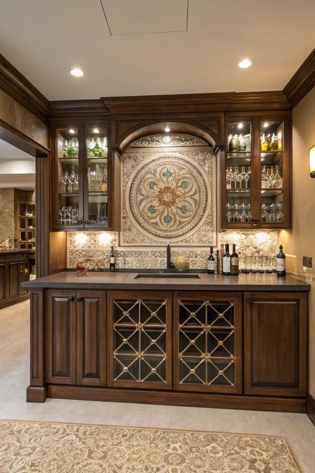A home bar with an ornamental centerpiece tile backsplash in an elegant design.