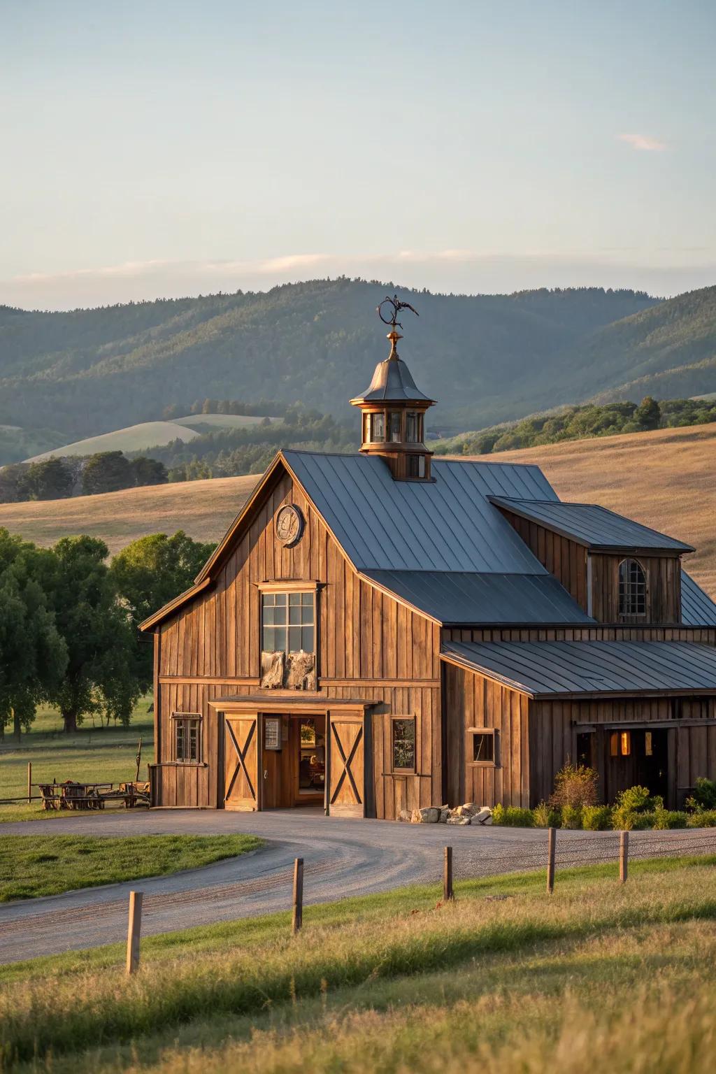 A barn featuring elegant copper features that enhance its overall design.