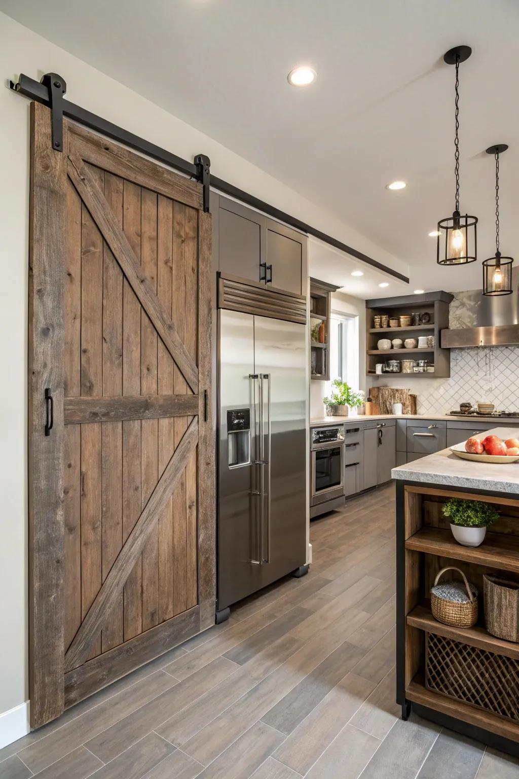 A kitchen showcasing a sliding barn door pantry fashioned from recycled resources.