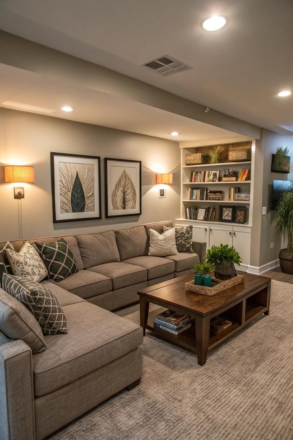 Multi-purpose furniture enhances the adaptability of this basement space.